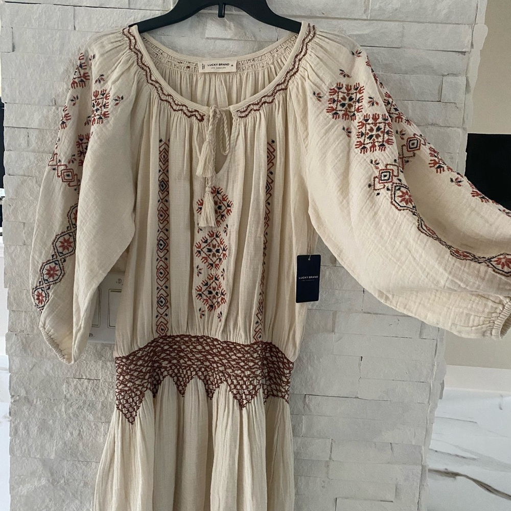 Lucky Brand Cream and Brown Embroidered Dress